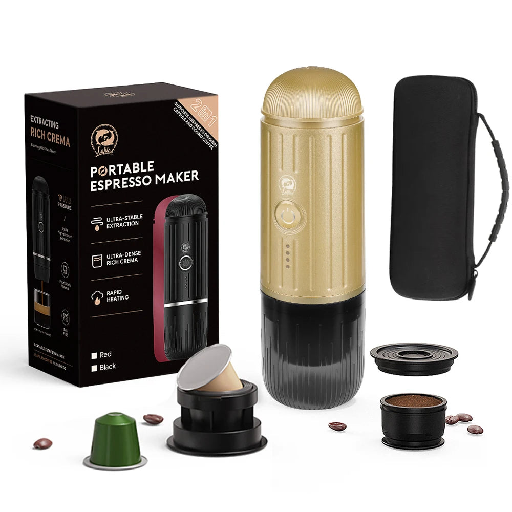 Brewsy™ Portable Electric Espresso Coffee Maker – 19Bar Automatic Heating Machine Compatible with Nespresso Capsules & Ground Coffee