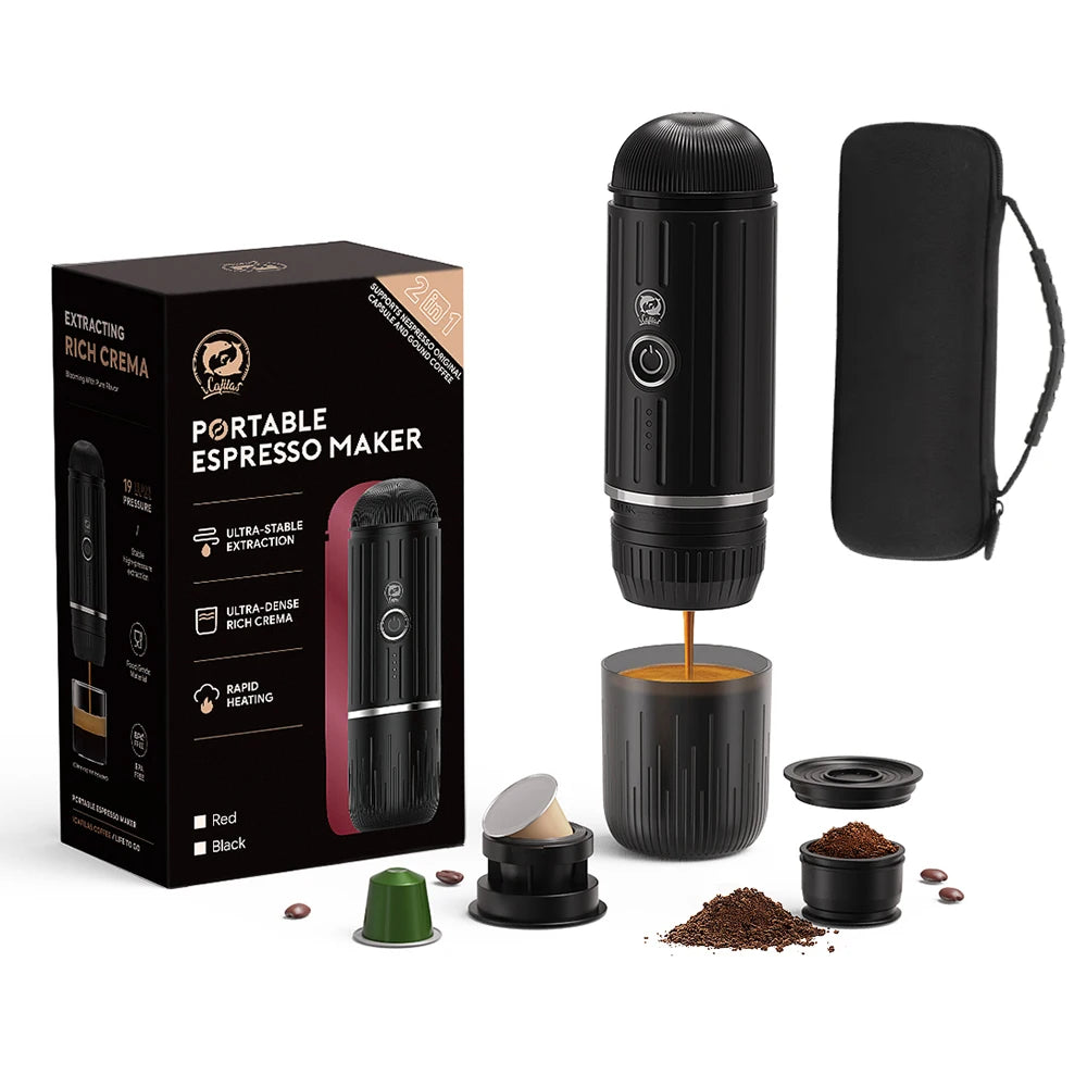 Brewsy™ Portable Electric Espresso Coffee Maker – 19Bar Automatic Heating Machine Compatible with Nespresso Capsules & Ground Coffee