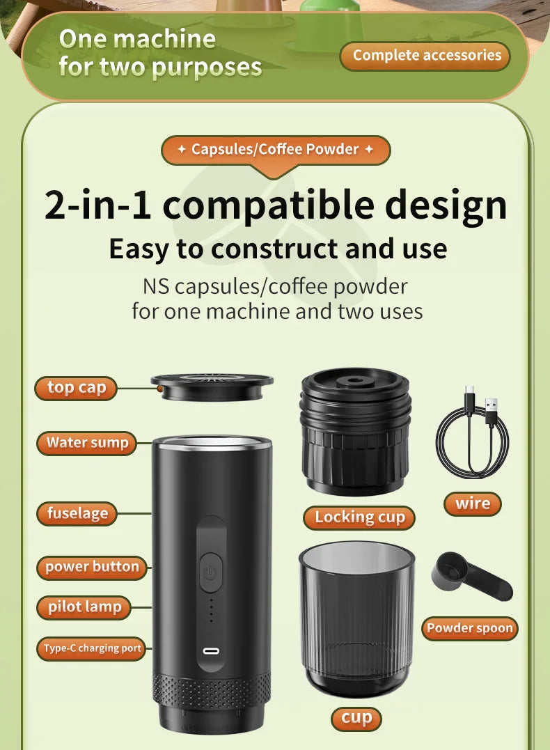 Wireless Electric Espresso Coffee Machine for Car & Home Camping Portable Coffee Maker 2-in-1 Capsule Powder Travel Coffee Maker