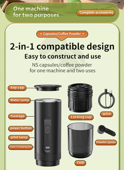 Wireless Electric Espresso Coffee Machine for Car & Home Camping Portable Coffee Maker 2-in-1 Capsule Powder Travel Coffee Maker