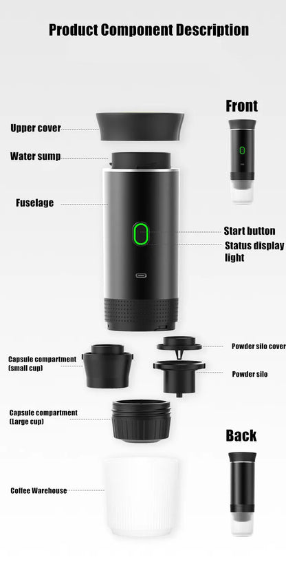 Wireless Electric Portable Espresso 3-in-1 Coffee Machine for Car & Home Camping Coffee Maker Capsule Powder Travel Coffee Maker