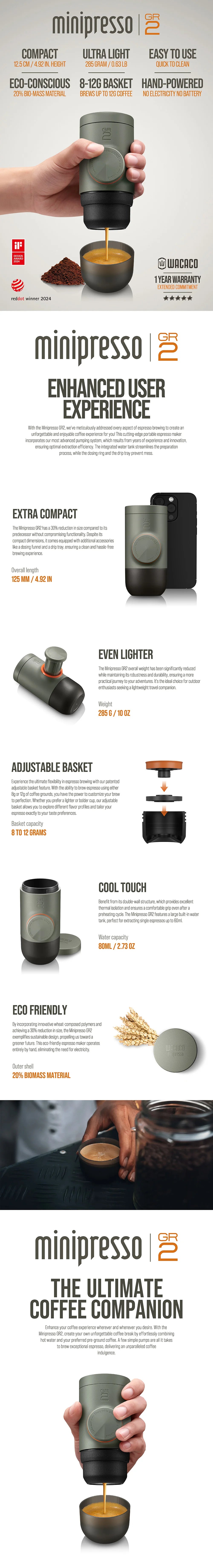 WACACO Minipresso GR2, Espresso Machine for Outdoor Compatible Ground Coffee, Portable Coffee Maker, For Gift Travel Camping